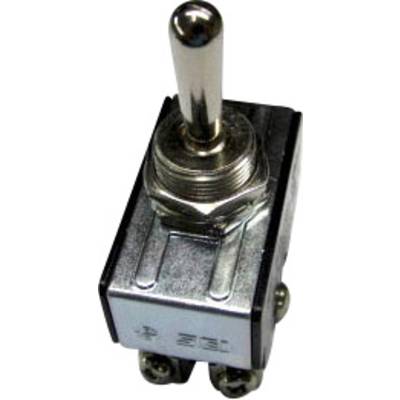 A silver toggle switch with a metallic lever and a rectangular housing, used for controlling electrical devices.