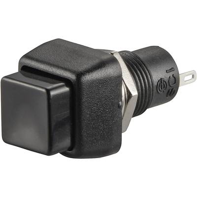 A black push switch with a rectangular button and electrical connection.
