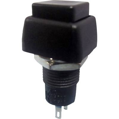 A black push switch with a rectangular button and metal threading for the electrical connection.