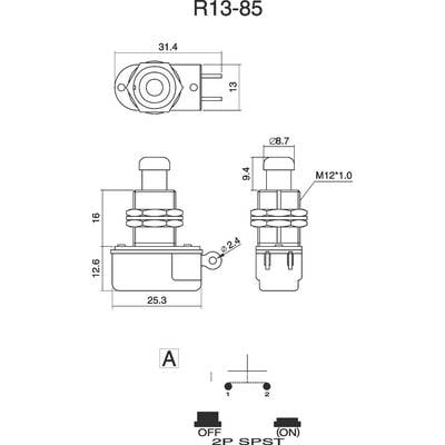 'Drawing of an R13-85 switch with dimensions in mm: width 31.4, height 25.3, depth 13. Labelling shows "OFF" and "ON" positions.'
