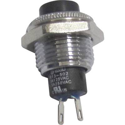 A round push button switch with two metal terminals, suitable for 125VAC and 250VAC, with a round, knurled metal casing.