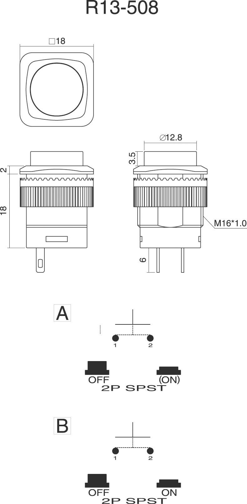 Circuit diagram of an R13-508 switch with two views: front and side view. Two switching configurations A and B are shown.