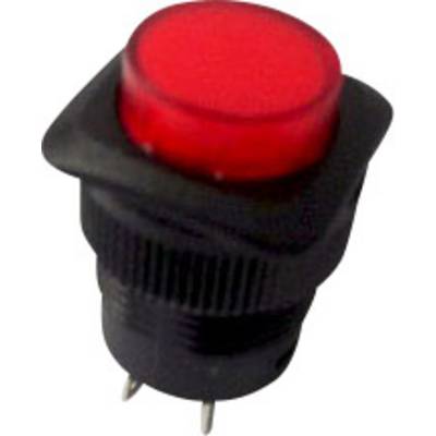 A red push-button switch with a black housing and metal pins, typically used for electronic circuits.