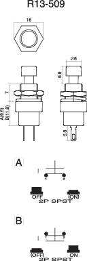 'R13-509 Circuit Diagram'. Above: Detailed view of the push button, with dimensions such as diameter and height. Below: Two switching options A and B, each marked 'OFF' and 'ON'.
