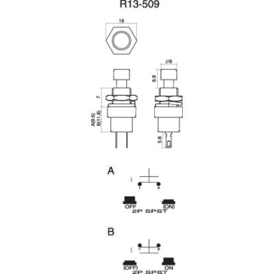 'R13-509 Circuit Diagram'. Above: Detailed view of the push button, with dimensions such as diameter and height. Below: Two switching options A and B, each marked 'OFF' and 'ON'.