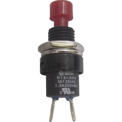 'Pushbutton switch with red button, suitable for 3A 125VAC and 1.5A 250VAC. Black housing with metal trim, two-pole connection.'