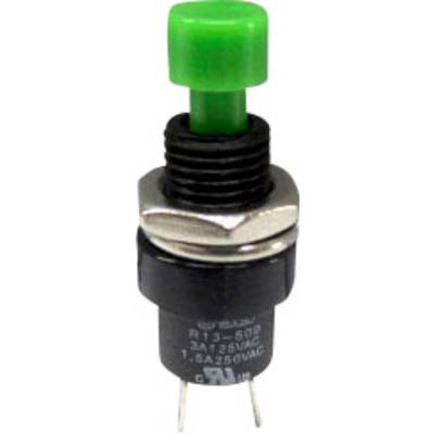 Green push-button switch with metal thread and two connections at the bottom, for electronic circuits.