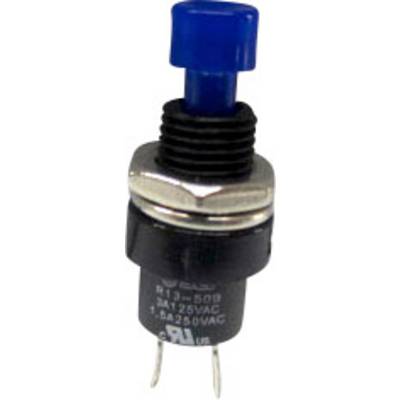 A blue push button with a black enclosure and metal fixing, suitable for 3A, 250VAC.