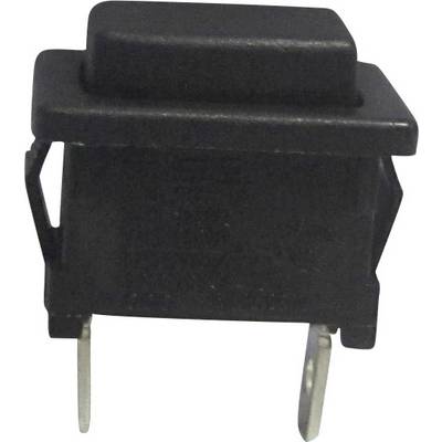 A black, rectangular push button with two metal contacts on the underside, suitable for electronic circuits.
