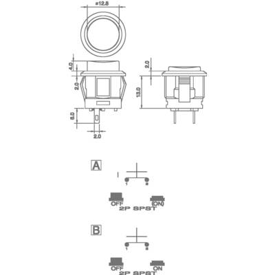 Technical Drawing of a Circular Switch with Dimensional Units. Shows Top View and Side View. Below, Two Switching Diagrams for 2P SPST.