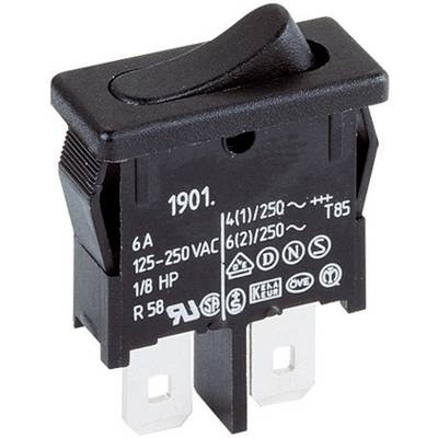 Black plastic toggle switch with power ratings: 6A, 125-250VAC, suitable for electrical devices.