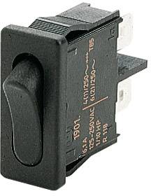 A black toggle switch with technical labelling on the side, suitable for 125-250VAC and 1/10 HP.