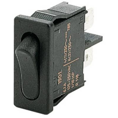 A black toggle switch with technical labelling on the side, suitable for 125-250VAC and 1/10 HP.