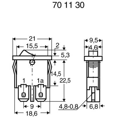 Technical drawing of an electrical plug with dimensions in millimetres. Shows front and side view along with contact spacing.