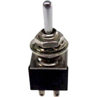 A metal toggle switch with a silver lever and three pin contacts, commonly used in electronic circuits.