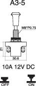 'Single-pole Switch A3-5, 10A 12V DC. Dimensions: 30.8 mm wide. Positions: OFF and ON marked.'