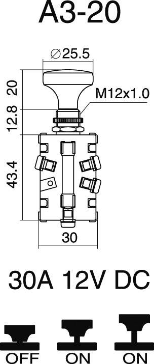 'Technical drawing of a switch A3-20 with dimensions. Labelling: 30A 12V DC. Symbols for Off and On switch positions.'
