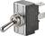 A silver toggle switch with two positions: 'ON' and 'OFF', suitable for 15A/125V AC or 10A/250V AC applications.
