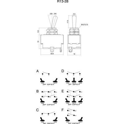 Technical drawing of an R13-28 toggle switch with dimensions and two views. Below, six circuit diagrams (A-F) for different configurations.