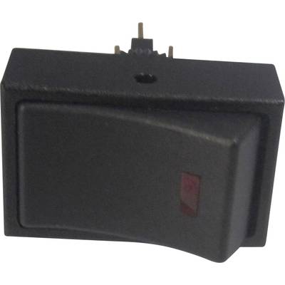 A black rocker switch with a red marking in the top right corner. The switch is in the off position.
