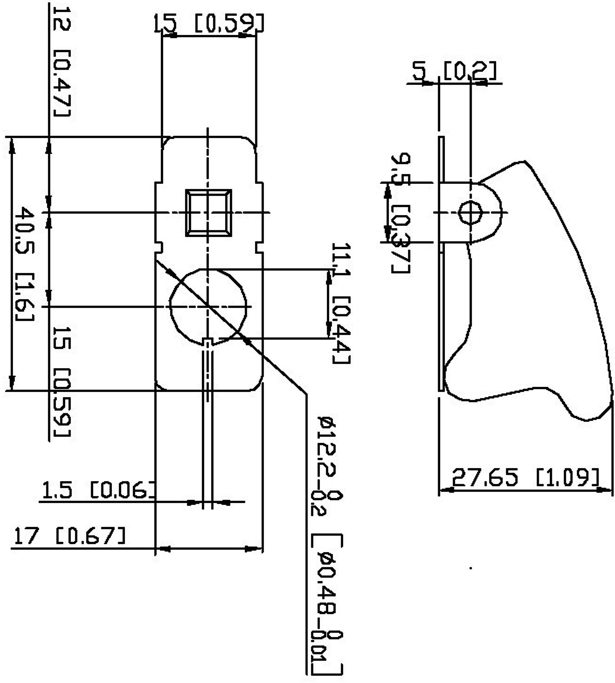 Technical drawing of a metal part with dimensions. Front and side views are shown. Important measurements are provided in millimetres and inches.