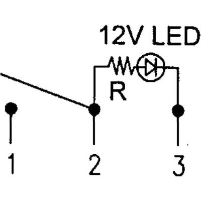 A simple circuit diagram shows a 12V LED with a current-limiting resistor (R), connected between connection points 2 and 3.