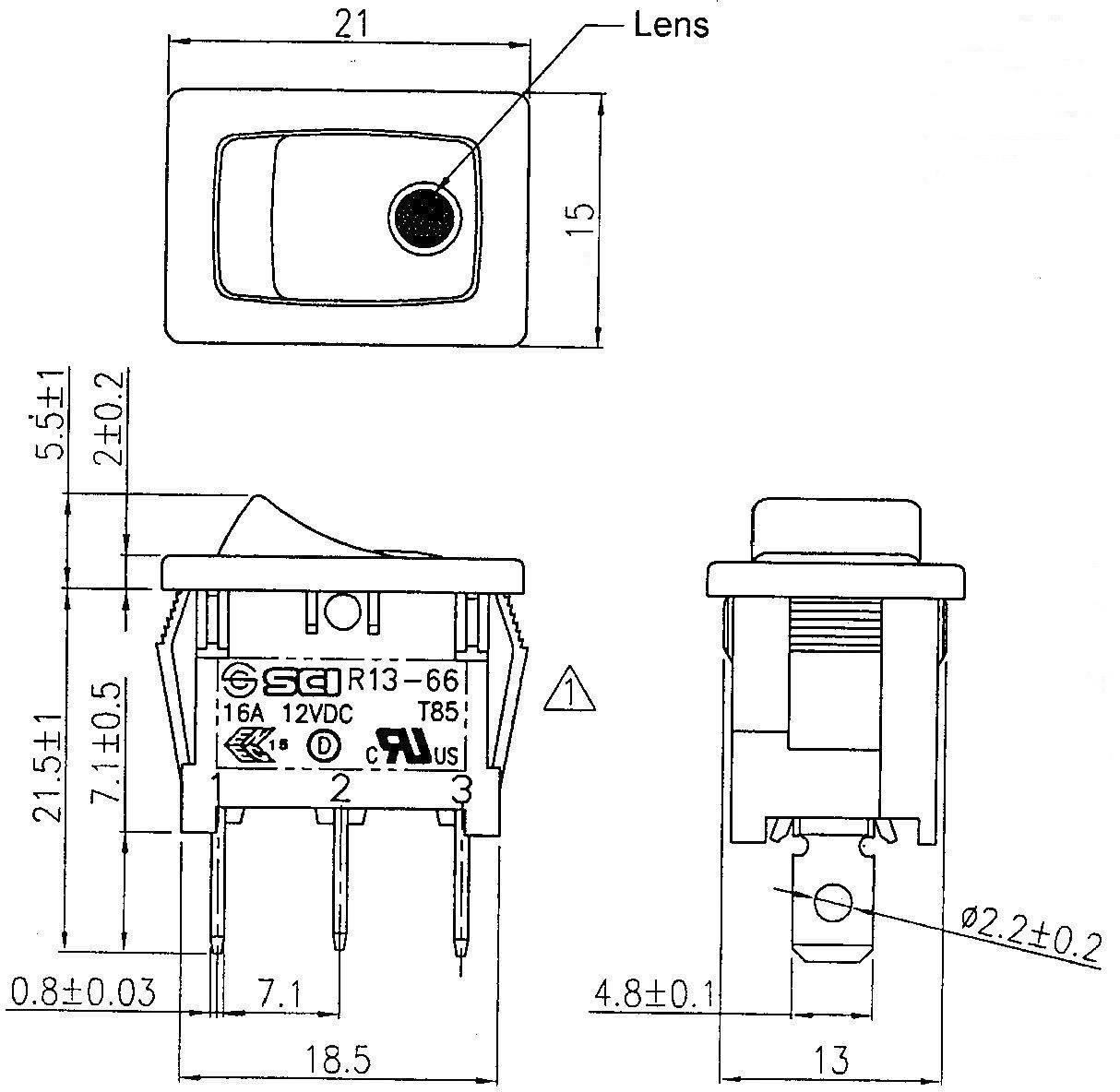 Technical drawing of a rectangular switch with dimensions and connections. Shows front, side, and top views of the switch.