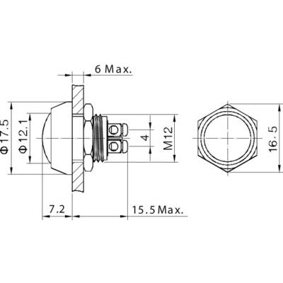 Technical Drawing of a Circular Pressure Switch with Dimensions: Diameter 17.5 mm, Total Length 15.5 mm, Thread M12.
