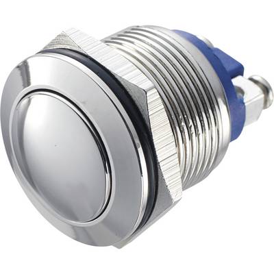 Metal switch with silver finish, round push button and ribbed casing. Suitable for industrial applications.