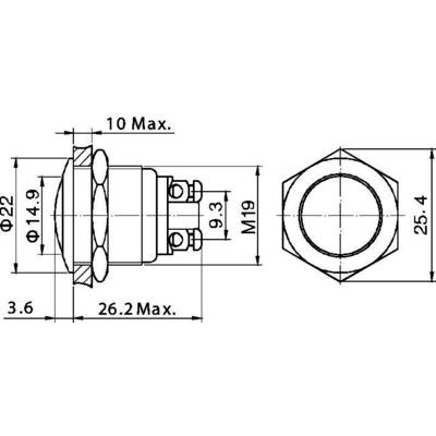 Technical Drawing of a Circular Switch with Dimensions: Diameter 22 mm, Maximum Length 26.2 mm. Hexagonal Nut: 25.4 mm.