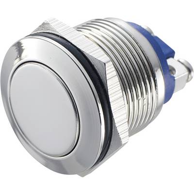 Metal switch with a ribbed casing and blue base, used for control in electronic devices.