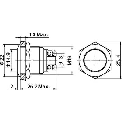 Technical drawing of a hexagonal connector with dimensions in millimetres. Main dimensions: 26.2 mm maximum diameter, 22 mm and 25.4 mm heights.
