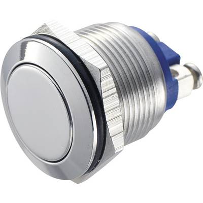 A silver-coloured, round metal button with a blue plastic base and threading. Typically used as a push button.
