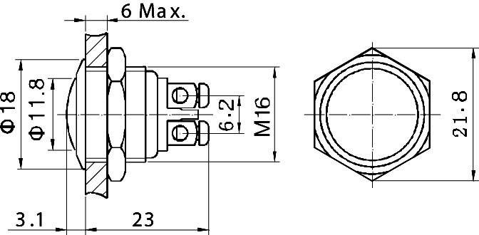Technical drawing of a hexagonal switch with dimensions. Diameter 18 mm, height 11.8 mm, thread size M16.