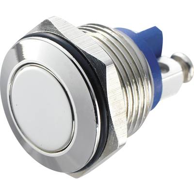 A round, metallic push button with a blue base and threading, suitable for electronic applications or control panels.