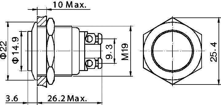 Technical drawing of a hexagonal component showing front and top views. Dimensions are specified, including diameter and length.
