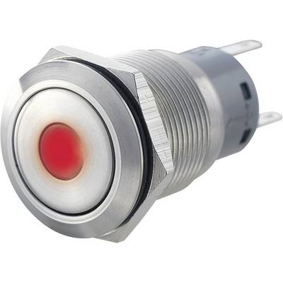 Close-up of a round, silver metal switch with a red illuminated LED in the centre. The switch has a ridged casing.