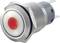 Close-up of a round, silver metal switch with a red illuminated LED in the centre. The switch has a ridged casing.