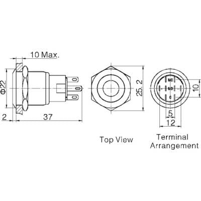Technical drawing of a switch with side view, top view, and connection arrangement. Dimensions given in millimetres.