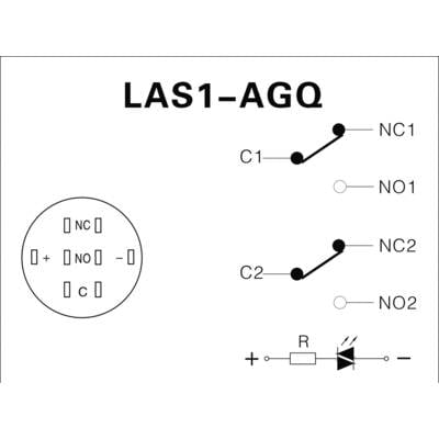 Circuit diagram of a relay module 'LAS1-AGQ' with contacts NC1, NO1, NC2, NO2. Lower section shows an electrical circuit with a diode and resistor.
