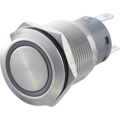 Round, silver metal button with threading and two metal connections, typically used as a push switch in electronic devices.