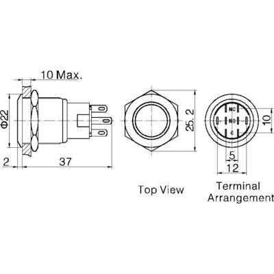 Drawing of an electrical switch with dimensions: Overall size 37 mm, diameter 22 mm, front view with three terminals.