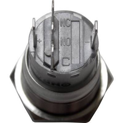 Close-up of a metallic component with three visible terminal connections, labelled 'NC', 'NO', and 'C'.