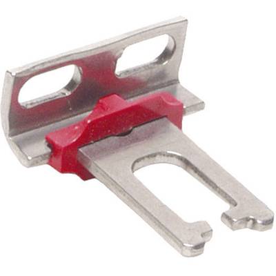 A silver metal component with a red insert, which appears to be a holder for mechanical or electrical applications.