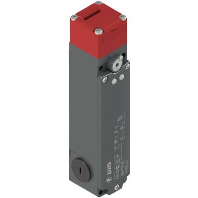 Industrial switch element with a grey housing and red head section, using interlocks. Contains technical details on the surface.