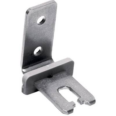 Metal angle bracket with two holes, suitable for mounting shelves or devices on a wall or surface.