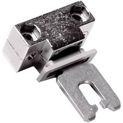 Metal fitting with two screw holes, used for securing furniture parts or attaching doors to hinges.