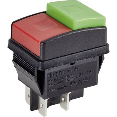 Switch with red 'Off' and green 'On' button, suitable for 16A/125VAC, 10A/250VAC. Multiple plug contacts for electrical connection.