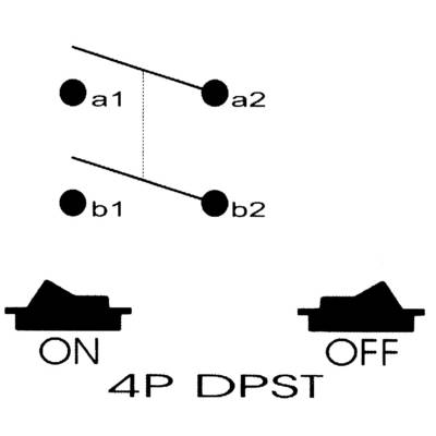 Circuit diagram of a 4-pole DPST switch with two states: 'ON' and 'OFF'. Contacts a1, b1, a2, b2 are connected in the 'ON' state.
