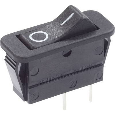 A black rocker switch with an on/off symbol. It has two metal terminals and is used for electrical controls.